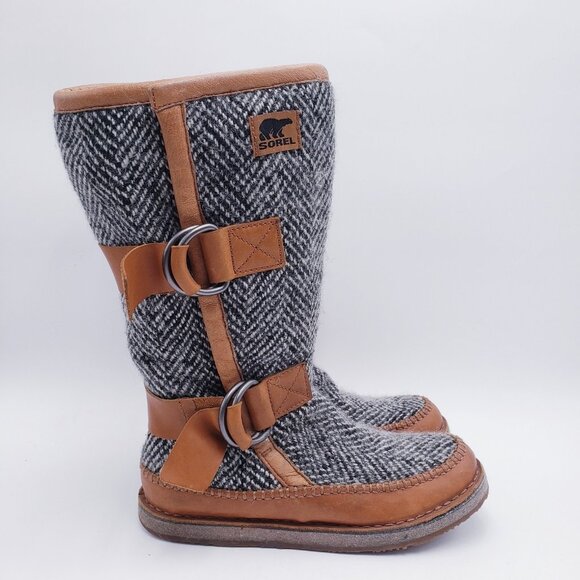 SOREL Chipahko Wool Blanket Winter Boot Tall Buckle Herringbone Leather Size 8.5 - Picture 5 of 9